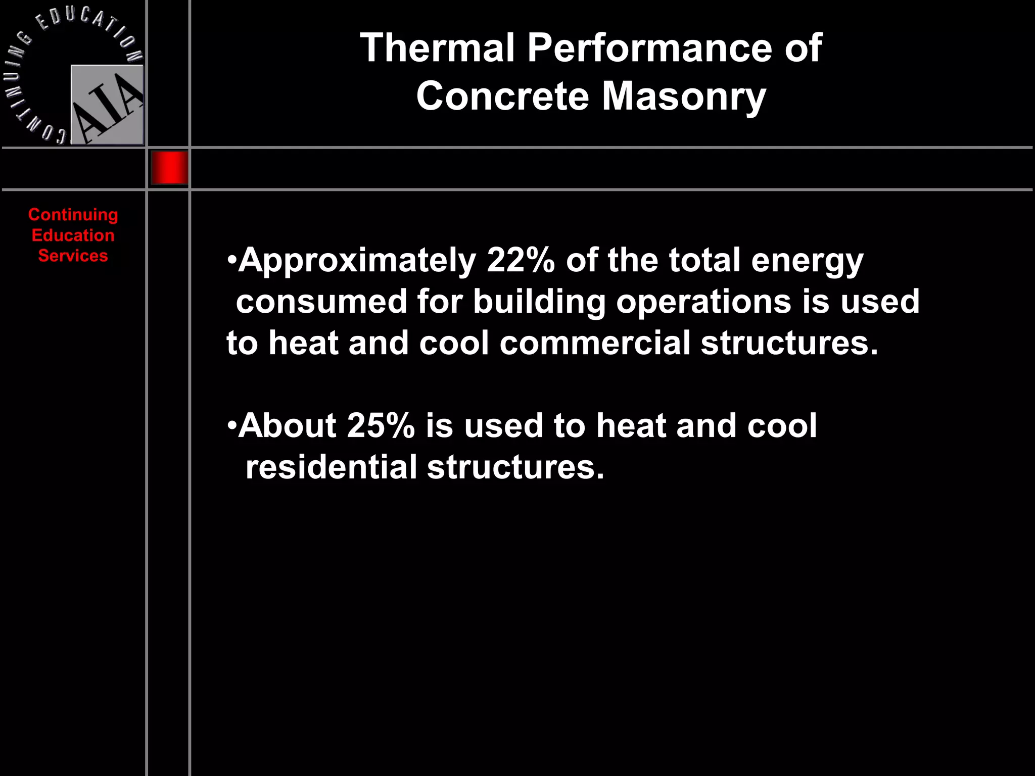 Thermal Performance of
                      Concrete Masonry

Continuing
Education
 Services
             •Approximately 22% of the total energy
              consumed for building operations is used
             to heat and cool commercial structures.

             •About 25% is used to heat and cool
              residential structures.
 