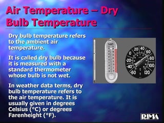 Air Temperature – Dry Bulb Temperature Dry bulb temperature refers to the ambient air temperature.  It is called dry bulb because it is measured with a standard thermometer whose bulb is not wet.  In weather data terms, dry bulb temperature refers to the air temperature. It is usually given in degrees Celsius (°C) or degrees Farenheight (°F). 