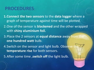 PROCEDURES:
1.Connect the two sensors to the data logger where a
graph of temperature against time will be plotted.
2.One of the sensor is blackened and the other wrapped
with shiny aluminium foil.
3.Place the 2 sensors at equal distance away from the
one hundred watt bulb.
4.Switch on the sensor and light bulb. Observe the
temperature rise for both sensors.
5.After some time ,switch off the light bulb.
 