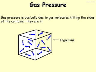 Gas Pressure

11/17/13

Gas pressure is basically due to gas molecules hitting the sides
of the container they are in:

Hyperlink

 
