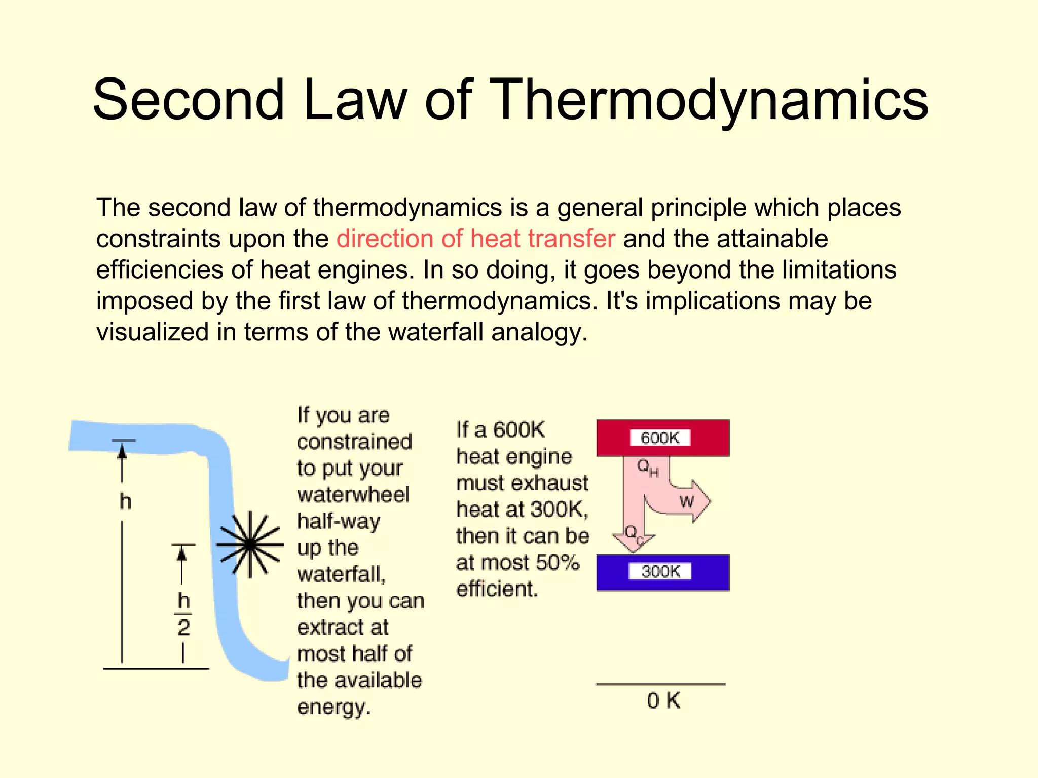 Second Law of Thermodynamics
The second law of thermodynamics is a general principle which places
constraints upon the direction of heat transfer and the attainable
efficiencies of heat engines. In so doing, it goes beyond the limitations
imposed by the first law of thermodynamics. It's implications may be
visualized in terms of the waterfall analogy.

 