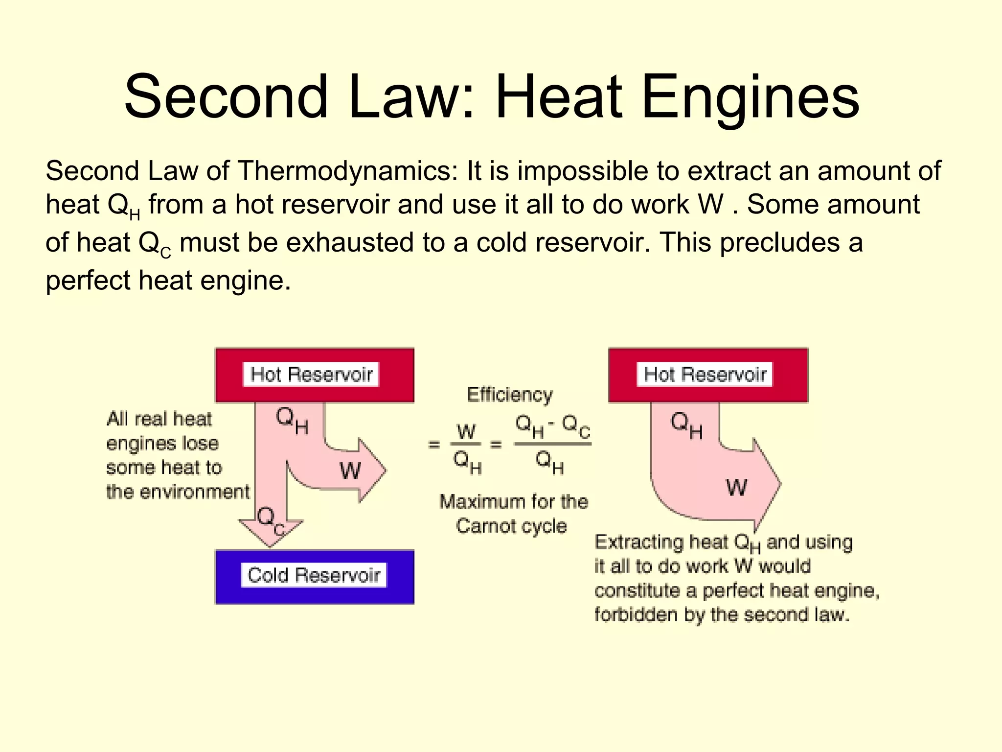Second Law: Heat Engines
Second Law of Thermodynamics: It is impossible to extract an amount of
heat QH from a hot reservoir and use it all to do work W . Some amount
of heat QC must be exhausted to a cold reservoir. This precludes a
perfect heat engine.

 