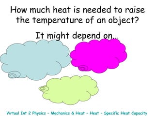 How much heat is needed to raise
the temperature of an object?
It might depend on…

Virtual Int 2 Physics – Mechanics & Heat – Heat – Specific Heat Capacity

 