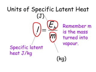 Units of Specific Latent Heat
(J)

Eh
l =
m
Specific latent
heat J/kg

Remember m
is the mass
turned into
vapour.

(kg)

 