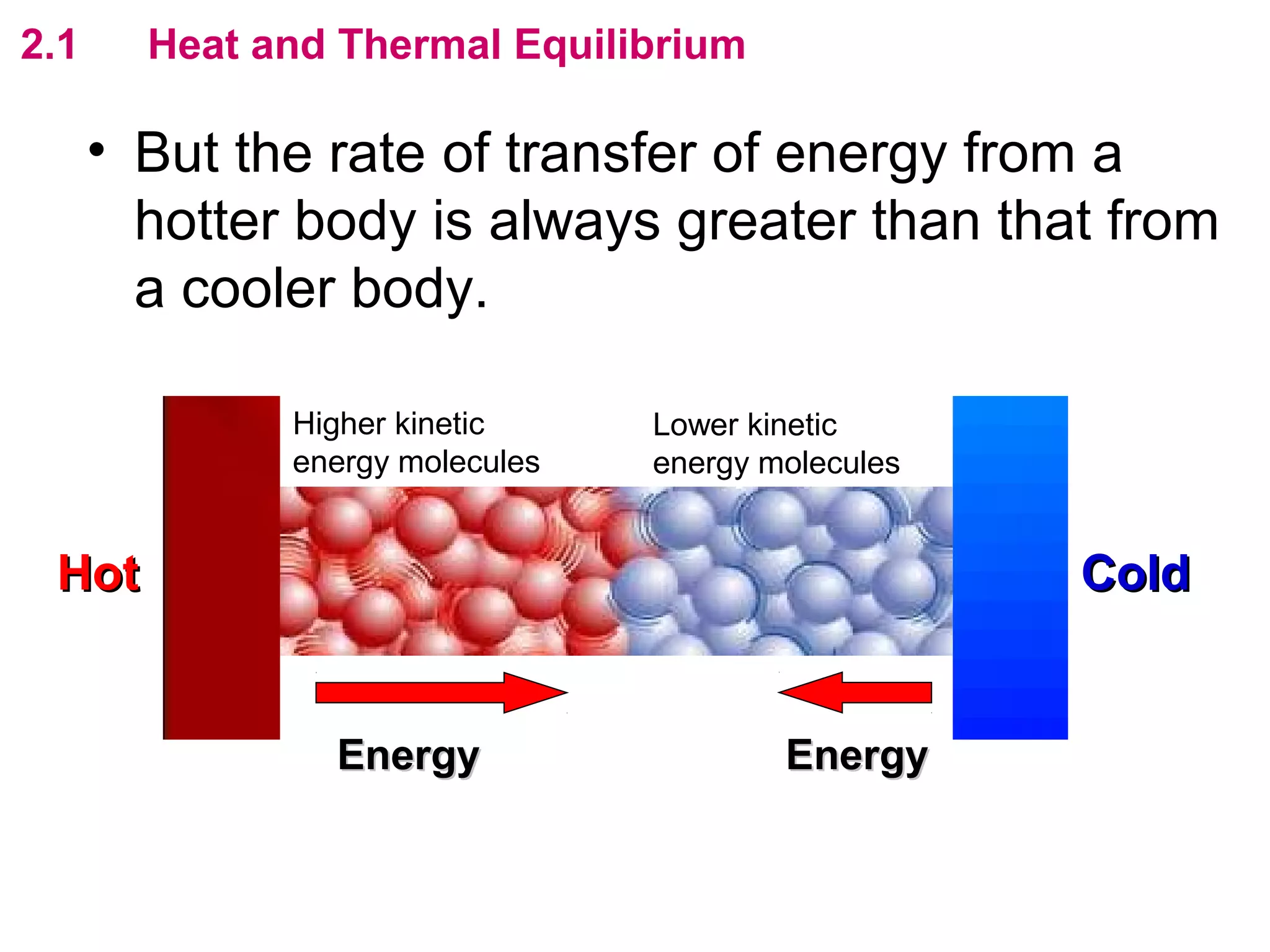flipperworks.com
2.1     Heat and Thermal Equilibrium

      • But the rate of transfer of energy from a
        hotter body is always greater than that from
        a cooler body.

              Higher kinetic     Lower kinetic
              energy molecules   energy molecules


 Hot                                                    Cold


                Energy                   Energy
 