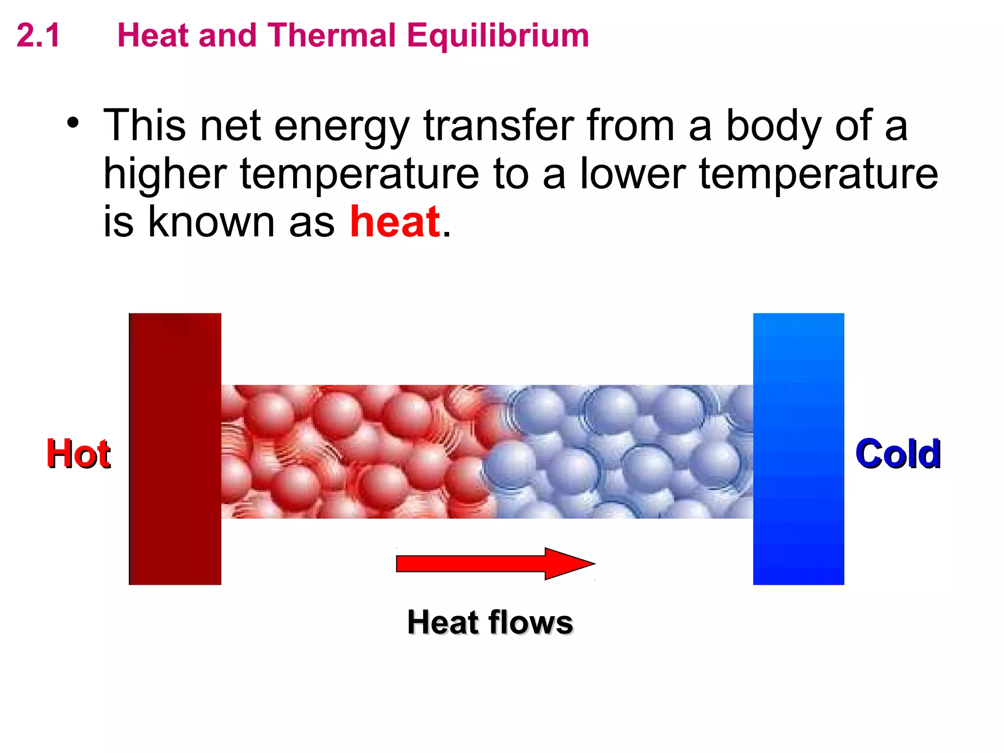 flipperworks.com
2.1     Heat and Thermal Equilibrium

      • This net energy transfer from a body of a
        higher temperature to a lower temperature
        is known as heat.




 Hot                                          Cold



                         Heat flows
 