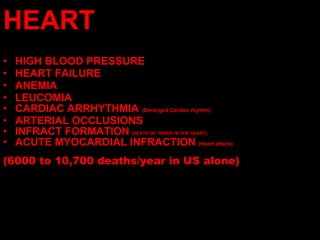 HEART  <ul><li>HIGH BLOOD PRESSURE </li></ul><ul><li>HEART FAILURE </li></ul><ul><li>ANEMIA </li></ul><ul><li>LEUCOMIA  </...