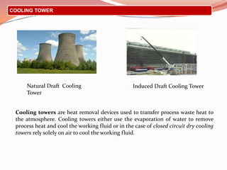 COOLING TOWER
Natural Draft Cooling
Tower
Induced Draft Cooling Tower
Cooling towers are heat removal devices used to transfer process waste heat to
the atmosphere. Cooling towers either use the evaporation of water to remove
process heat and cool the working fluid or in the case of closed circuit dry cooling
towers rely solely on air to cool the working fluid.
 
