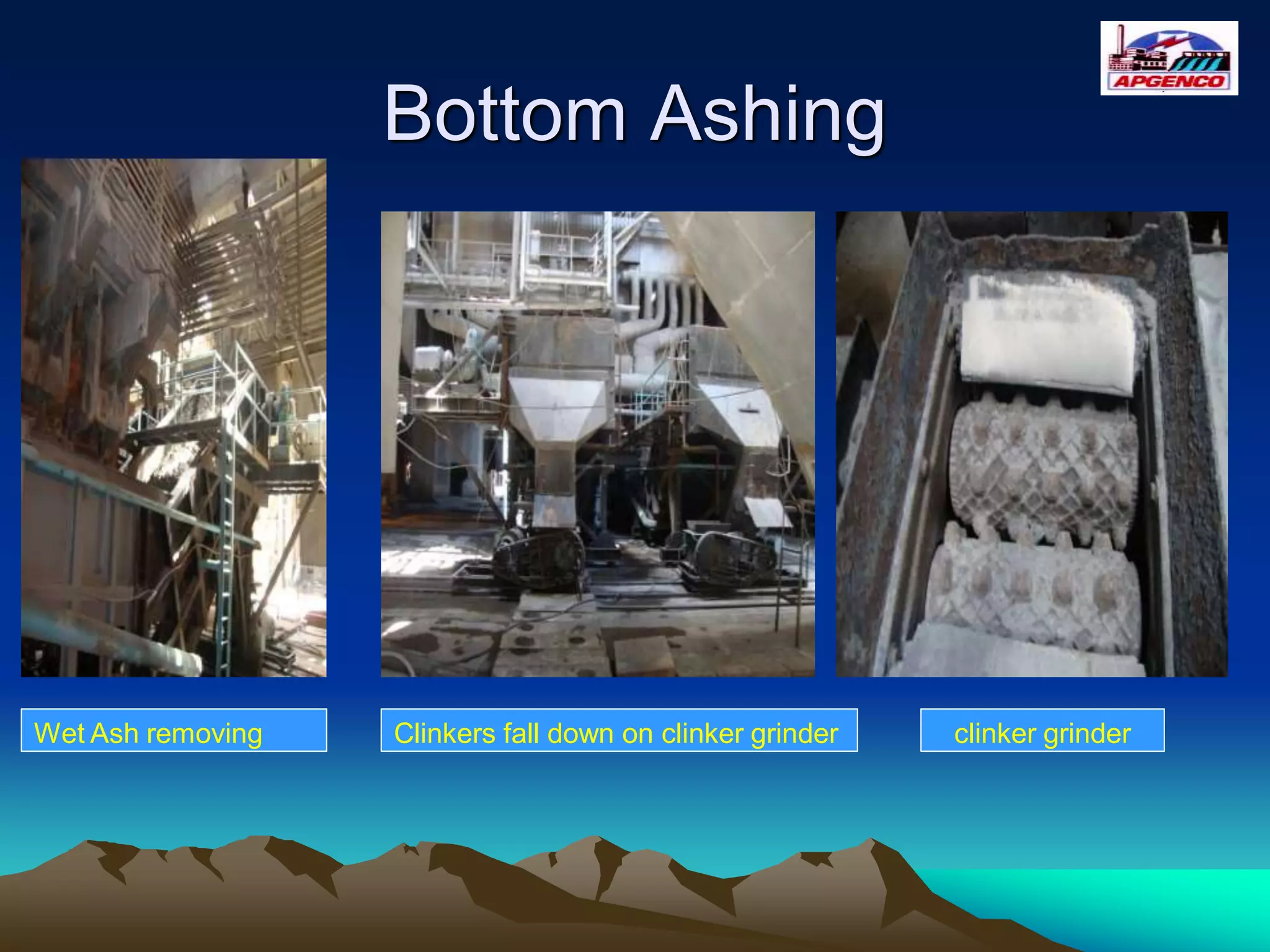 Bottom Ashing
Wet Ash removing Clinkers fall down on clinker grinder clinker grinder
 