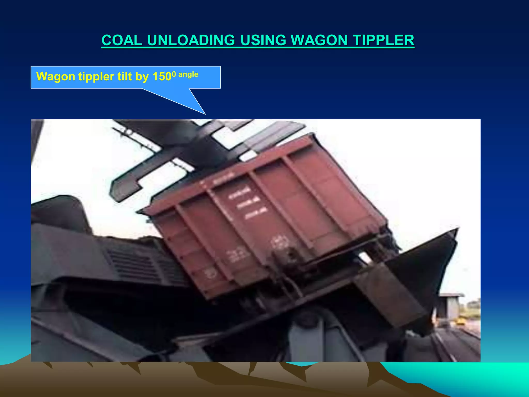 COAL UNLOADING USING WAGON TIPPLER
Wagon tippler tilt by 1500 angle
 