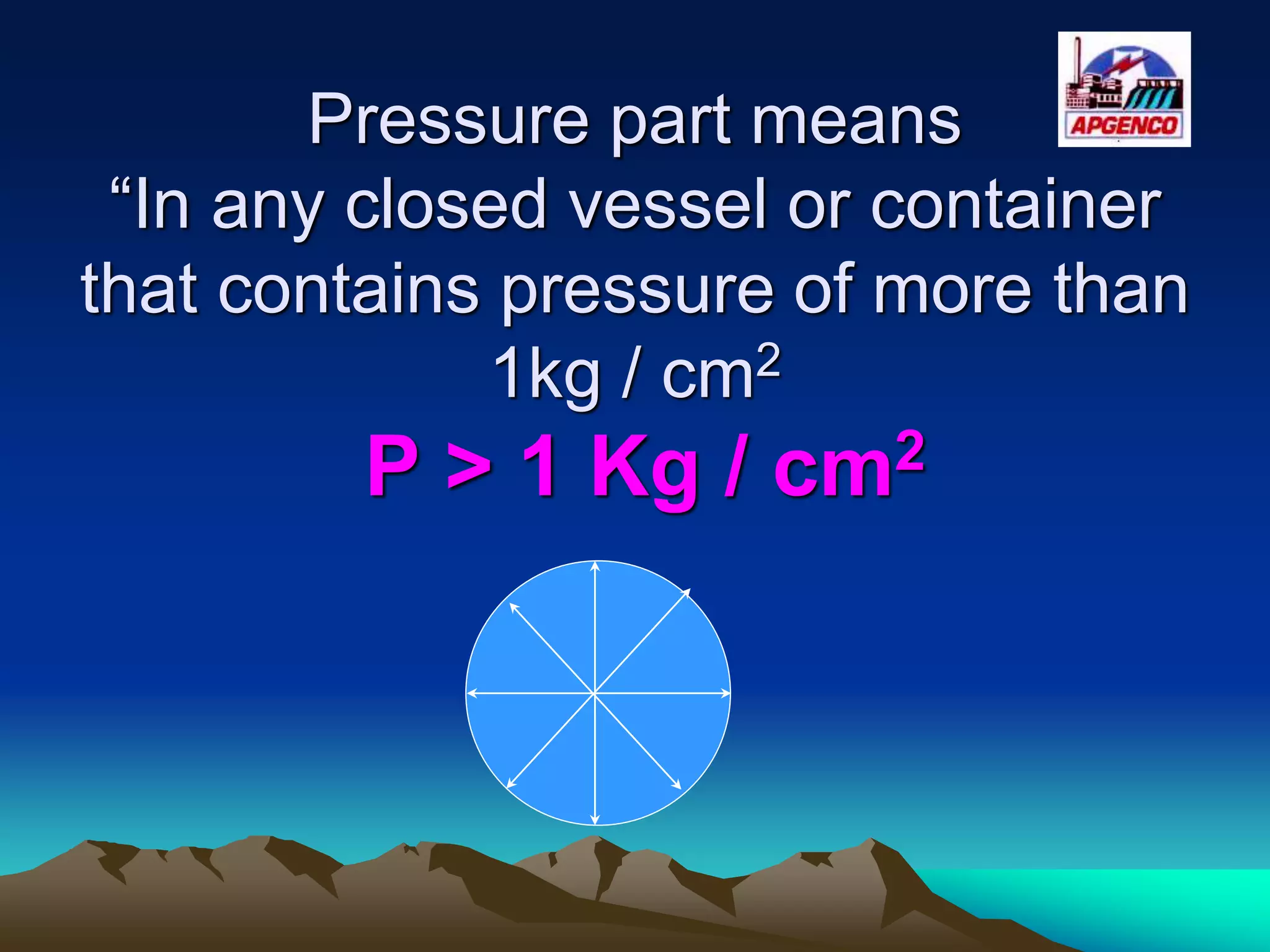Pressure part means
“In any closed vessel or container
that contains pressure of more than
1kg / cm2
P > 1 Kg / cm2
 