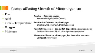 Factors affecting Growth of Micro-organism
• Food
• Acid
• Time – Temperature
• Oxygen
• Moisture
11/16/2022
Ranit Sarkar ...