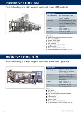 7
Advantages
Gentle and accurate heating in the infusion system
Fast heating 300°C/sec.
Superior product quality
High product ﬂexibility
Low fouling rate
Long operating time between CIP
Operator-friendly
Pre-assembled and factory-tested
As option designed according to ASME, PMO, 3A
Injection UHT plant - SDI
Speciﬁcations
Field of application Milk, ﬂavoured milk, coffee
cream, cream, ice cream mix,
custard, milk shake
Description A UHT plant designed to give a
very fast heat treatment, with an
efﬁcient bacteria spore kill rate
and very low chemical change to
the product
Capacity 2,000 - 30,000 l/h
(550 - 8,000 U.S. g/h)
Temperature 5-75-142-75-25°C
(41-167-194-280-167-77°F)
Flexible handling of a wide range of traditional, direct UHT products
Advantages
High up-time
Flexible product range
Easy inspection of product and medium surface
High pressure tolerance
Low energy cost
Low maintenance cost
Operator-friendly
Pre-assembled and factory-tested
As option designed according to ASME, PMO, 3A
Tubular UHT plant - STH
Speciﬁcations
Field of application Milk, ﬂavoured milk, coffee
cream, cream, ice cream mix,
custard, milk shake
Description Robust and ﬂexible UHT plant.
Back pressure tolerance up to
60 bar and heat regeneration of
approx. 85%
Capacity 2,000 - 30,000 l/h
(550 - 8,000 U.S. g/h)
Temperature 5-75-90-138-75-25°C
(41-167-194-280-167-77°F)
Flexible handling of a wide range of traditional, indirect UHT products
6751-02-03-2009-GB
 