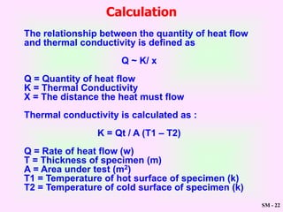 SM - 22
Calculation
The relationship between the quantity of heat flow
and thermal conductivity is defined as
Q ~ K/ x
Q = Quantity of heat flow
K = Thermal Conductivity
X = The distance the heat must flow
Thermal conductivity is calculated as :
K = Qt / A (T1 – T2)
Q = Rate of heat flow (w)
T = Thickness of specimen (m)
A = Area under test (m2)
T1 = Temperature of hot surface of specimen (k)
T2 = Temperature of cold surface of specimen (k)
 