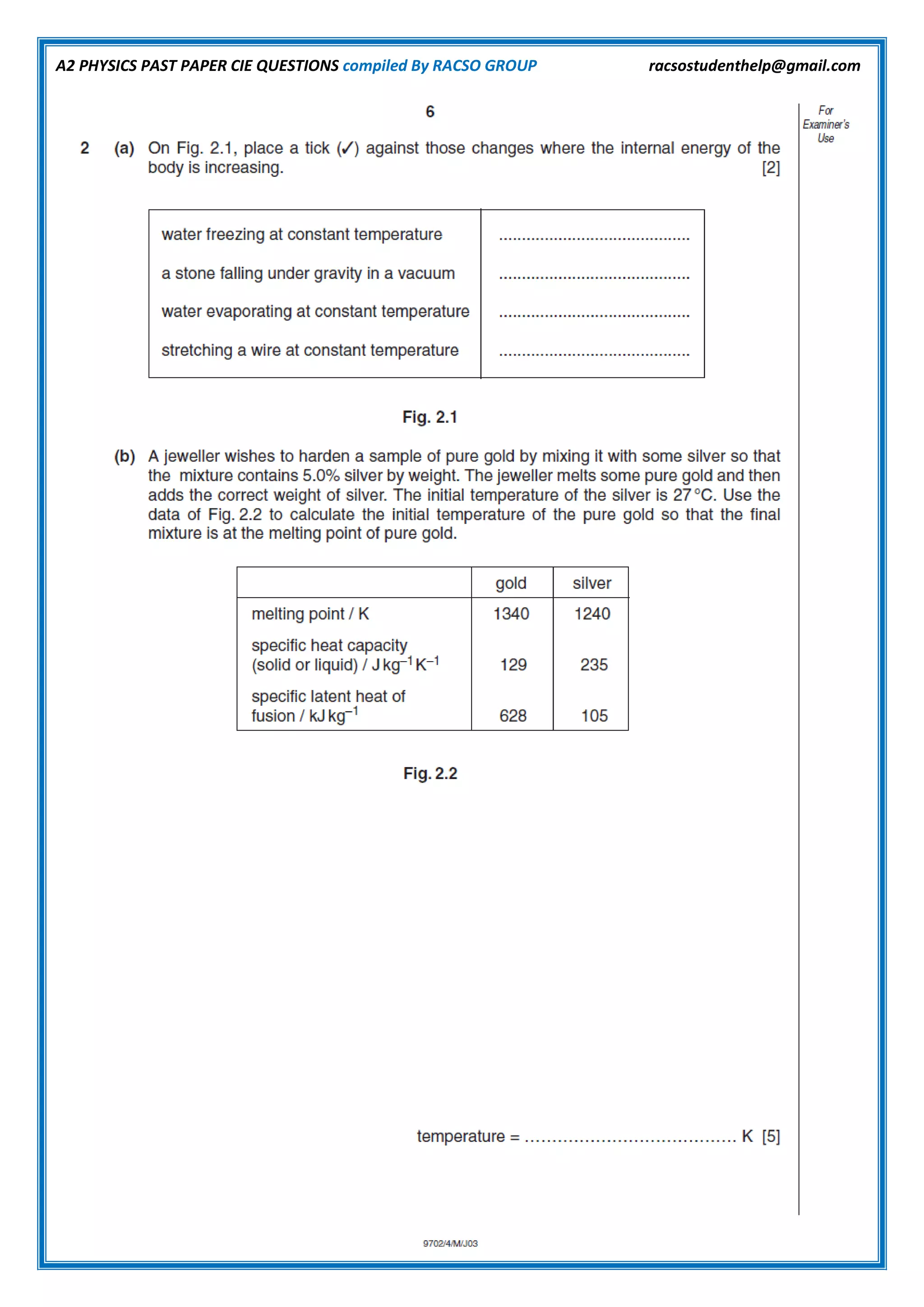 A2 PHYSICS PAST PAPER CIE QUESTIONS compiled By RACSO GROUP racsostudenthelp@gmail.com
 