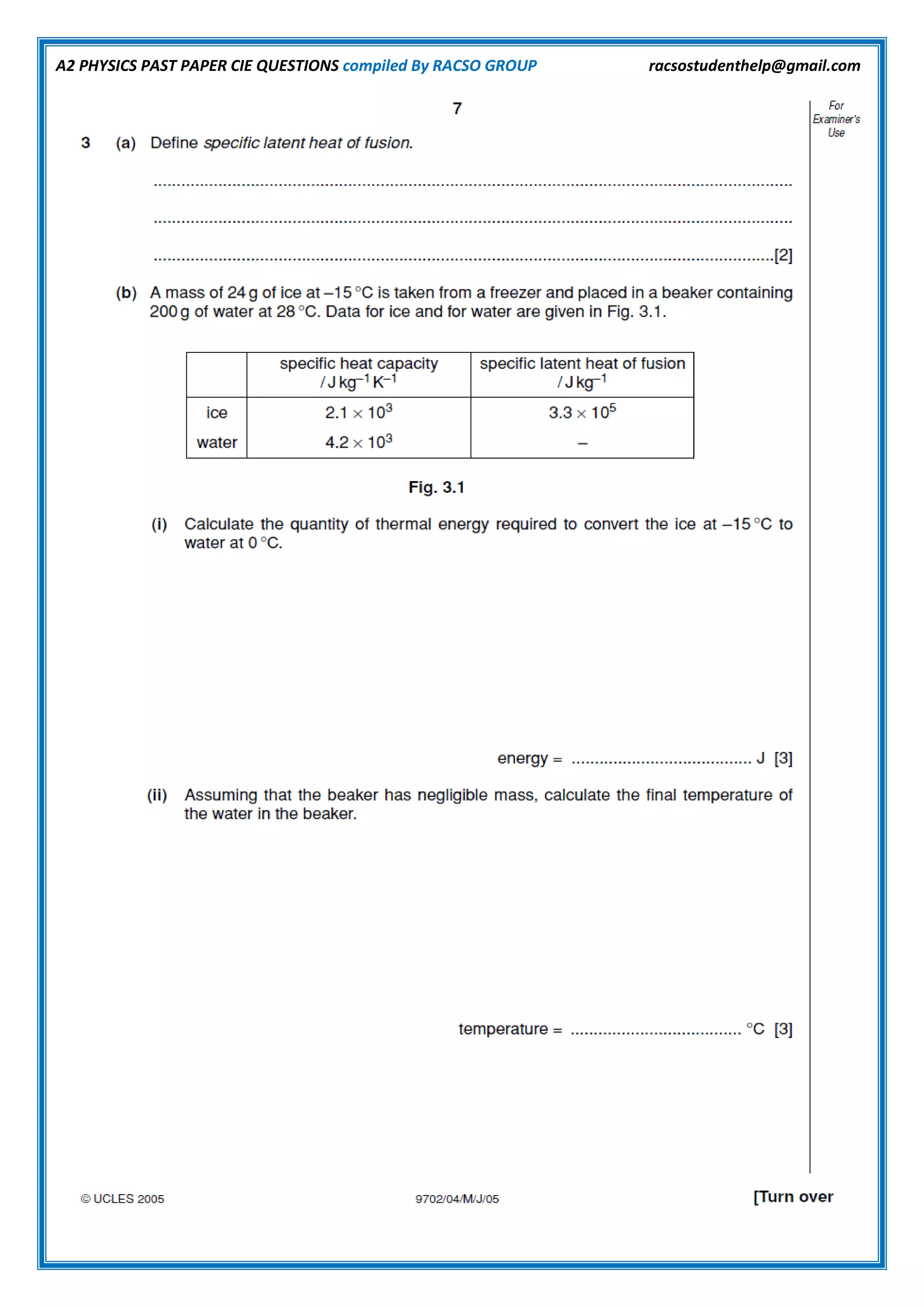 A2 PHYSICS PAST PAPER CIE QUESTIONS compiled By RACSO GROUP racsostudenthelp@gmail.com
 