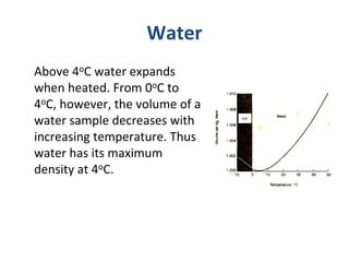 Water
Above 4oC water expands 
when heated. From 0oC to 
4oC, however, the volume of a 
water sample decreases with      i...
