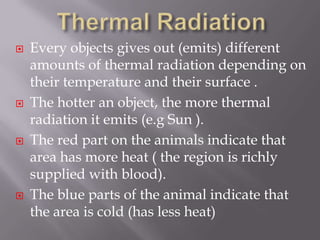 Thermal Radiation Every objects gives out (emits) different amounts of thermal radiation depending on their temperature and their surface .The hotter an object, the more thermal radiation it emits (e.g Sun ).The red part on the animals indicate that area has more heat ( the region is richly supplied with blood).The blue parts of the animal indicate that the area is cold (has less heat)