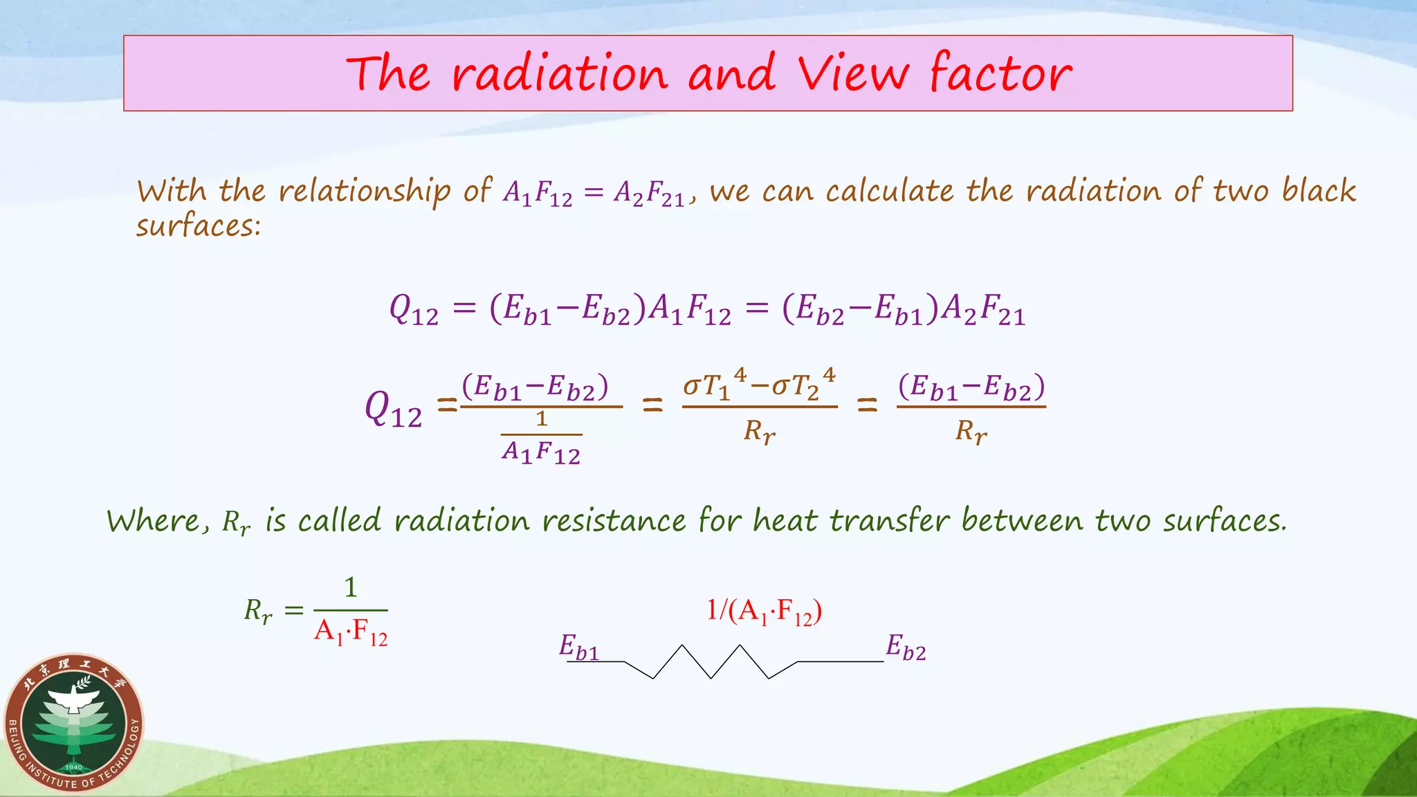 The radiation and View factor
With the relationship of 𝐴1 𝐹12 = 𝐴2 𝐹21, we can calculate the radiation of two black
surfaces:
𝑄12 = (𝐸 𝑏1−𝐸 𝑏2)𝐴1 𝐹12 = (𝐸 𝑏2−𝐸 𝑏1)𝐴2 𝐹21
𝑄12 =
(𝐸 𝑏1−𝐸 𝑏2)
1
𝐴1 𝐹12
=
𝜎𝑇1
4
−𝜎𝑇2
4
𝑅 𝑟
=
(𝐸 𝑏1−𝐸 𝑏2)
𝑅 𝑟
Where, 𝑅 𝑟 is called radiation resistance for heat transfer between two surfaces.
1/(A1F12)
𝐸 𝑏1 𝐸 𝑏2
𝑅 𝑟 =
1
A1F12
 