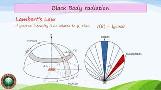Black Body radiation
If spectral intensity is no related to 𝝓, then
0≤θ≤π/2
0≤ϕ≤2π
ϕ
dϕ
θ
dθ dAn
dA1
r
n
I(θ)
Lambert’s Law
𝐼 𝜃 = 𝐼0 𝑐𝑜𝑠𝜃
 
