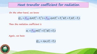 Heat transfer coefficient for radiation
On the other hand, we know
Then the radiation coefficient is
Again, we have:
)( 2112,1 TTAQ r −= 
))()(()( 2121
2
2
2
1121
4
2
4
11212,1 TTTTTTAXTTAXQ −++=−= −− 𝐹12 𝐹12
))(( 21
2
2
2
121 TTTTXr ++= −  𝐹12
 