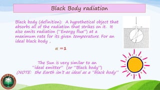 Black Body radiation
Black body (definition): A hypothetical object that
absorbs all of the radiation that strikes on it. It
also emits radiation (“Energy flux”) at a
maximum rate for its given temperature. For an
ideal black body ,
α ＝1
The Sun is very similar to an
“ideal emitter” (or “Black body”)
(NOTE: the Earth isn’t as ideal as a “black body”
 