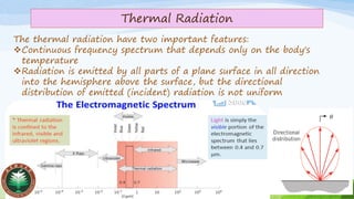 Thermal Radiation
The thermal radiation have two important features:
❖Continuous frequency spectrum that depends only on the body's
temperature
❖Radiation is emitted by all parts of a plane surface in all direction
into the hemisphere above the surface, but the directional
distribution of emitted (incident) radiation is not uniform
 