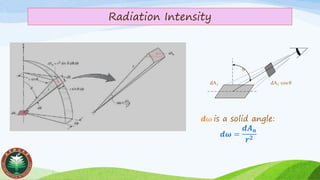 Radiation Intensity
dA1 dA1·cos θ
θ
𝒅ω is a solid angle:
𝒅𝝎 =
𝒅𝑨 𝒏
𝒓 𝟐
 