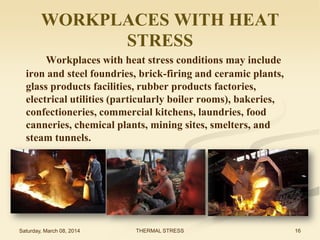 WORKPLACES WITH HEAT
STRESS
Workplaces with heat stress conditions may include
iron and steel foundries, brick-firing and ceramic plants,
glass products facilities, rubber products factories,
electrical utilities (particularly boiler rooms), bakeries,
confectioneries, commercial kitchens, laundries, food
canneries, chemical plants, mining sites, smelters, and
steam tunnels.

Saturday, March 08, 2014

THERMAL STRESS

16

 
