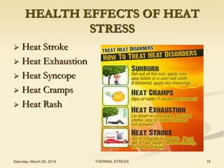 HEALTH EFFECTS OF HEAT
STRESS
Heat Stroke
 Heat Exhaustion
 Heat Syncope
 Heat Cramps
 Heat Rash


Saturday, March 08, 2014

THERMAL STRESS

18

 