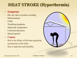 HEAT STROKE (Hyperthermia)


Symptoms

•

•

Hot, dry skin or profuse sweating
Hallucinations
Chills
Throbbing headache
High body temperature
Confusion/dizziness
Slurred speech



Causes

•

Due to the failure of the heat-regulating
mechanisms of the body.
Due to high heat and humidity.

•
•
•
•
•

•

Saturday, March 08, 2014

THERMAL STRESS

19

 
