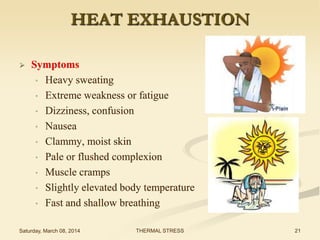 HEAT EXHAUSTION


Symptoms
• Heavy sweating
• Extreme weakness or fatigue
• Dizziness, confusion
• Nausea
• Clammy, moist skin
• Pale or flushed complexion
• Muscle cramps
• Slightly elevated body temperature
• Fast and shallow breathing

Saturday, March 08, 2014

THERMAL STRESS

21

 