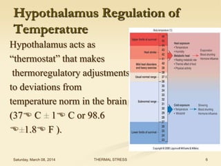 Hypothalamus Regulation of
Temperature
Hypothalamus acts as
“thermostat” that makes
thermoregulatory adjustments
to deviations from
temperature norm in the brain
(37 C 1 C or 98.6
 1.8 F ).
Saturday, March 08, 2014

THERMAL STRESS

6

 