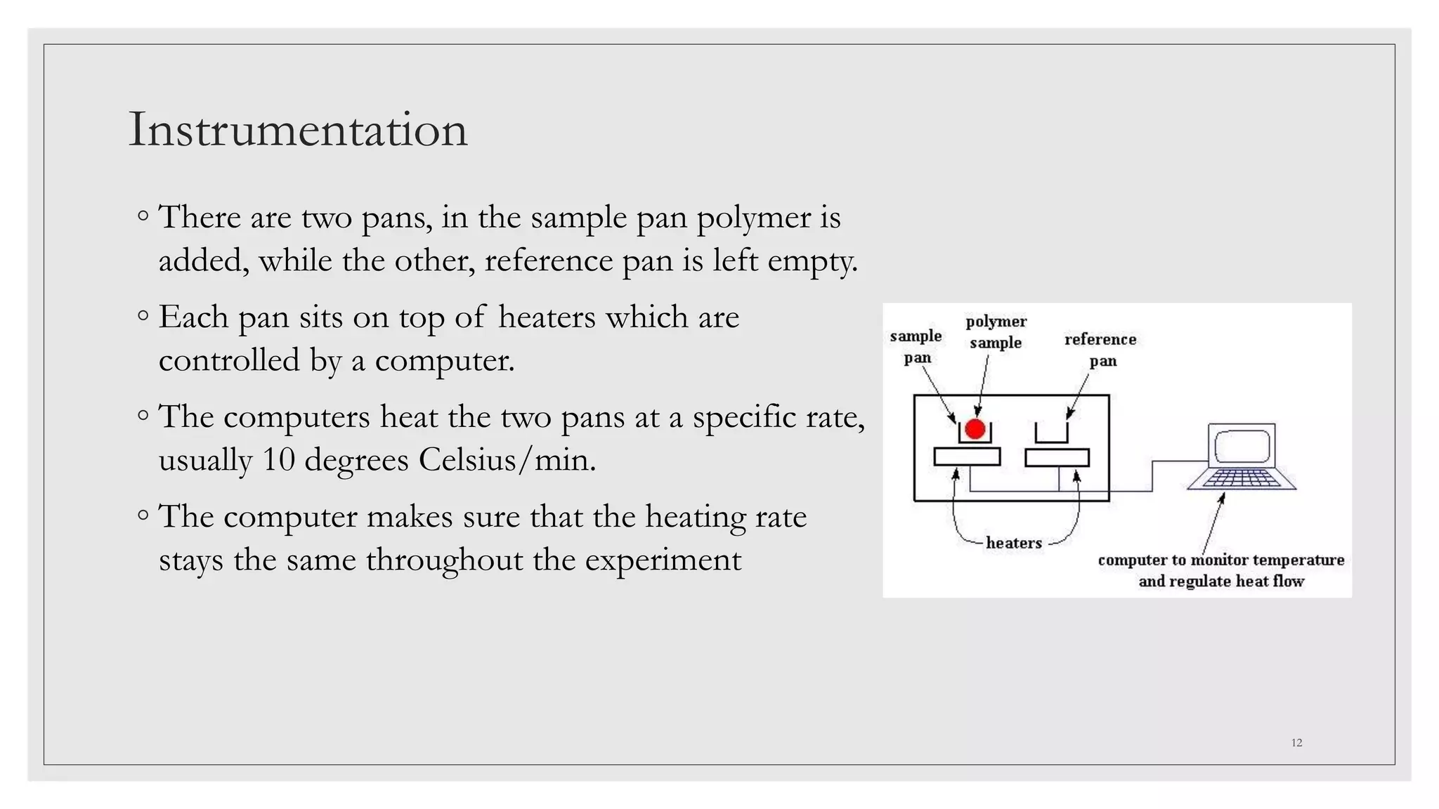 Instrumentation
◦ There are two pans, in the sample pan polymer is
added, while the other, reference pan is left empty.
◦ Each pan sits on top of heaters which are
controlled by a computer.
◦ The computers heat the two pans at a specific rate,
usually 10 degrees Celsius/min.
◦ The computer makes sure that the heating rate
stays the same throughout the experiment
12
 