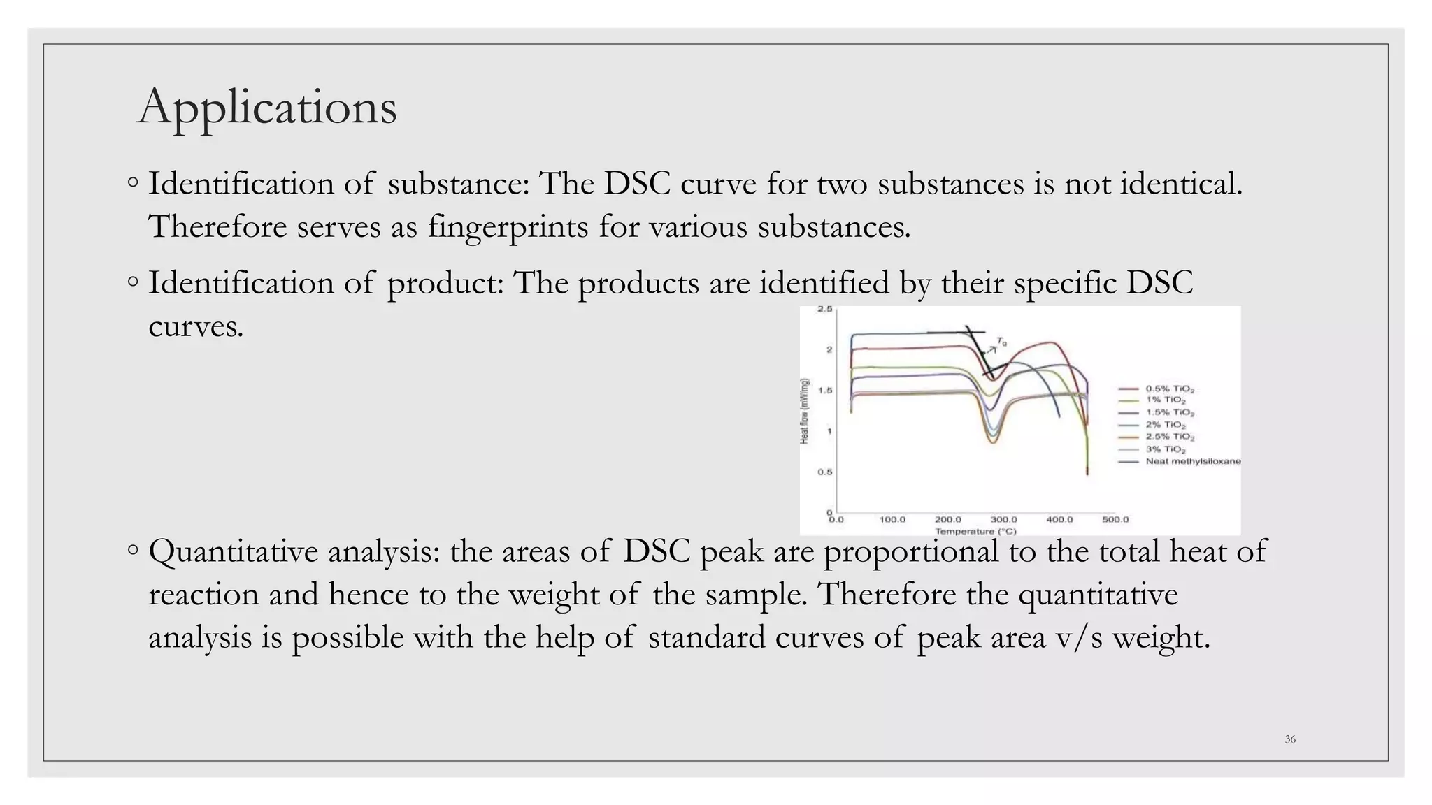Applications
◦ Identification of substance: The DSC curve for two substances is not identical.
Therefore serves as fingerprints for various substances.
◦ Identification of product: The products are identified by their specific DSC
curves.
◦ Quantitative analysis: the areas of DSC peak are proportional to the total heat of
reaction and hence to the weight of the sample. Therefore the quantitative
analysis is possible with the help of standard curves of peak area v/s weight.
36
 
