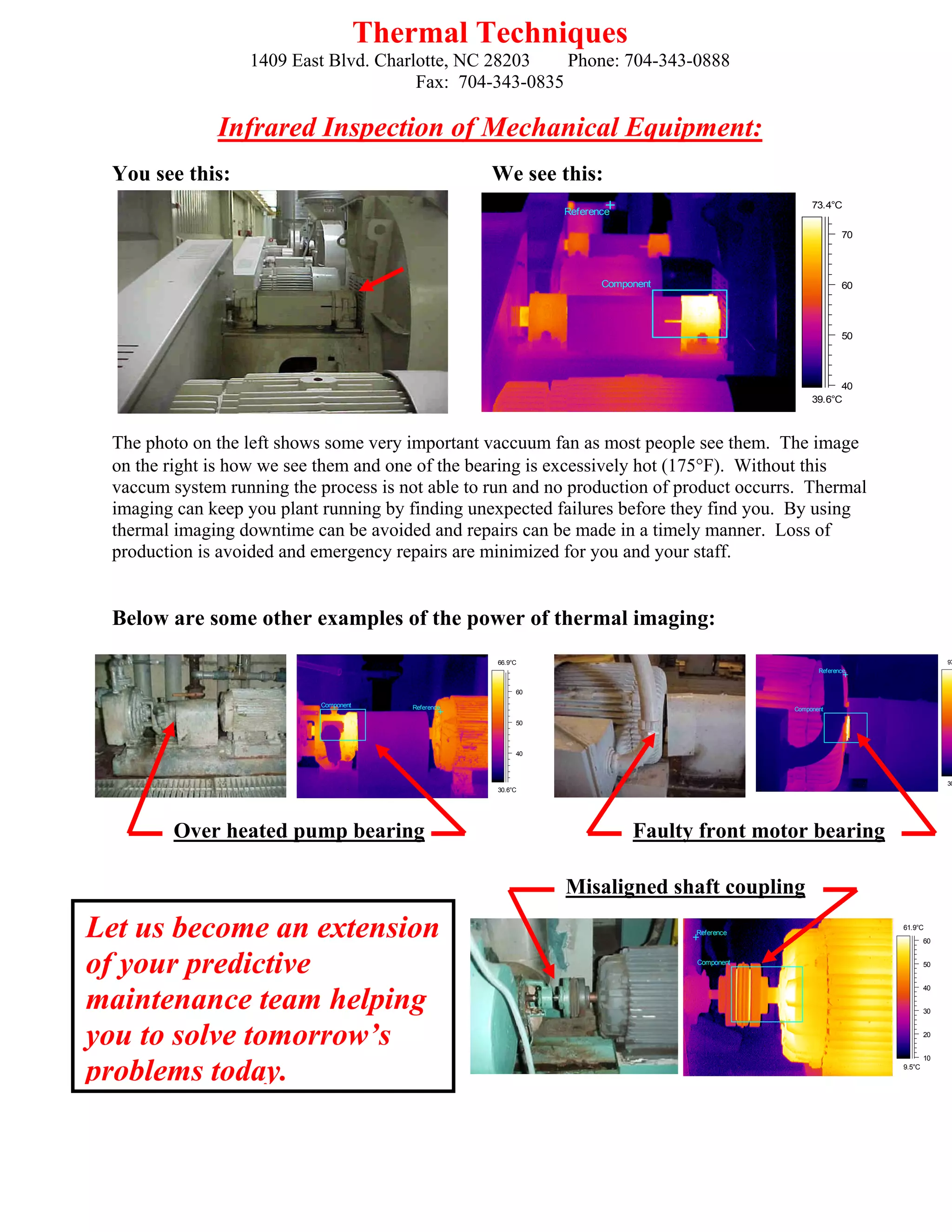 Thermal Techniques
1409 East Blvd. Charlotte, NC 28203
Phone: 704-343-0888
Fax: 704-343-0835

Infrared Inspection of Mechanical Equipment:
You see this:

We see this:
73.4°C

Reference

70

Component

60

50

40
39.6°C

The photo on the left shows some very important vaccuum fan as most people see them. The image
on the right is how we see them and one of the bearing is excessively hot (175°F). Without this
vaccum system running the process is not able to run and no production of product occurrs. Thermal
imaging can keep you plant running by finding unexpected failures before they find you. By using
thermal imaging downtime can be avoided and repairs can be made in a timely manner. Loss of
production is avoided and emergency repairs are minimized for you and your staff.

Below are some other examples of the power of thermal imaging:

97

66.9°C
Reference

60
Component

Reference

Component

50

40

30

30.6°C

Over heated pump bearing

Faulty front motor bearing
Misaligned shaft coupling

Let us become an extension
of your predictive
maintenance team helping
you to solve tomorrow’s
problems today.

Reference

61.9°C
60

Component

50
40
30
20
10
9.5°C

 