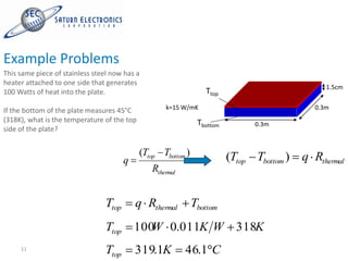 Example Problems
This same piece of stainless steel now has a
heater attached to one side that generates
                                                                                                  1.5cm
100 Watts of heat into the plate.                                  Ttop

If the bottom of the plate measures 45°C            k=15 W/mK                                  0.3m
(318K), what is the temperature of the top                      Tbottom         0.3m
side of the plate?


                                             (Ttop Tbottom )              (Ttop Tbottom )   q Rthermal
                                       q
                                                Rthermal


                                Ttop       q Rthermal          Tbottom
                                Ttop       100 0.011K W 318K
                                              W
     11                         Ttop       319.1K          46.1 C
 