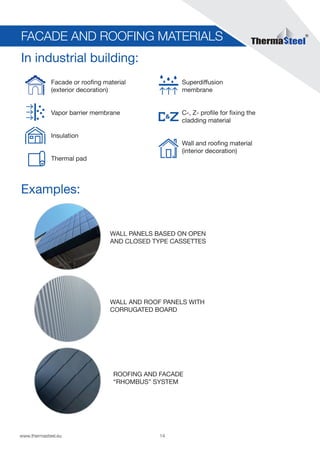 14www.thermasteel.еu
FACADE AND ROOFING MATERIALS
In industrial building:
Facade or roofing material
(exterior decoration)
Vapor barrier membrane
Insulation
Thermal pad
Superdiffusion
membrane
C-, Z- profile for fixing the
cladding material
Wall and roofing material
(interior decoration)
Examples:
WALL PANELS BASED ON OPEN
AND CLOSED TYPE CASSETTES
WALL AND ROOF PANELS WITH
CORRUGATED BOARD
ROOFING AND FACADE
“RHOMBUS” SYSTEM
 