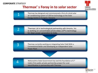 1
2
3
4
Thermax Ltd in technological partnership with Amonix, Inc
is working on concentrated photovoltaic (CPV) technology
for clean power generation to India.
Thermax has designed and commissioned a first-of-a kind solar
air conditioning system of 100 kw technology at the Solar
Energy Centre in Gurgaon, Haryana.
Thermax currently working on integrating Solar Field With a
Conventional Boiler and Developing an Independent Solar
Power Plant
Maharashtra State Government has laid the foundation of 1st
India’s first public private partnership project for rural
electrification in partnership with Thermax
Thermax’ s Foray in to solar sector
13
CORPORATE STRATEGY
 