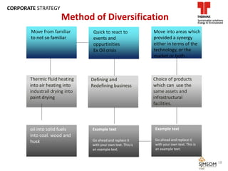 Thermic fluid heating
into air heating into
industrail drying into
paint drying
Move from familiar
to not so familiar
oil into solid fuels
into coal. wood and
husk
Defining and
Redefining business
Quick to react to
events and
oppurtinities
Ex Oil crisis
Example text
Go ahead and replace it
with your own text. This is
an example text.
Choice of products
which can use the
same assets and
infrastructural
facilities.
Move into areas which
provided a synergy
either in terms of the
technology, or the
market or both.
Example text
Go ahead and replace it
with your own text. This is
an example text.
Method of Diversification
18
CORPORATE STRATEGY
 