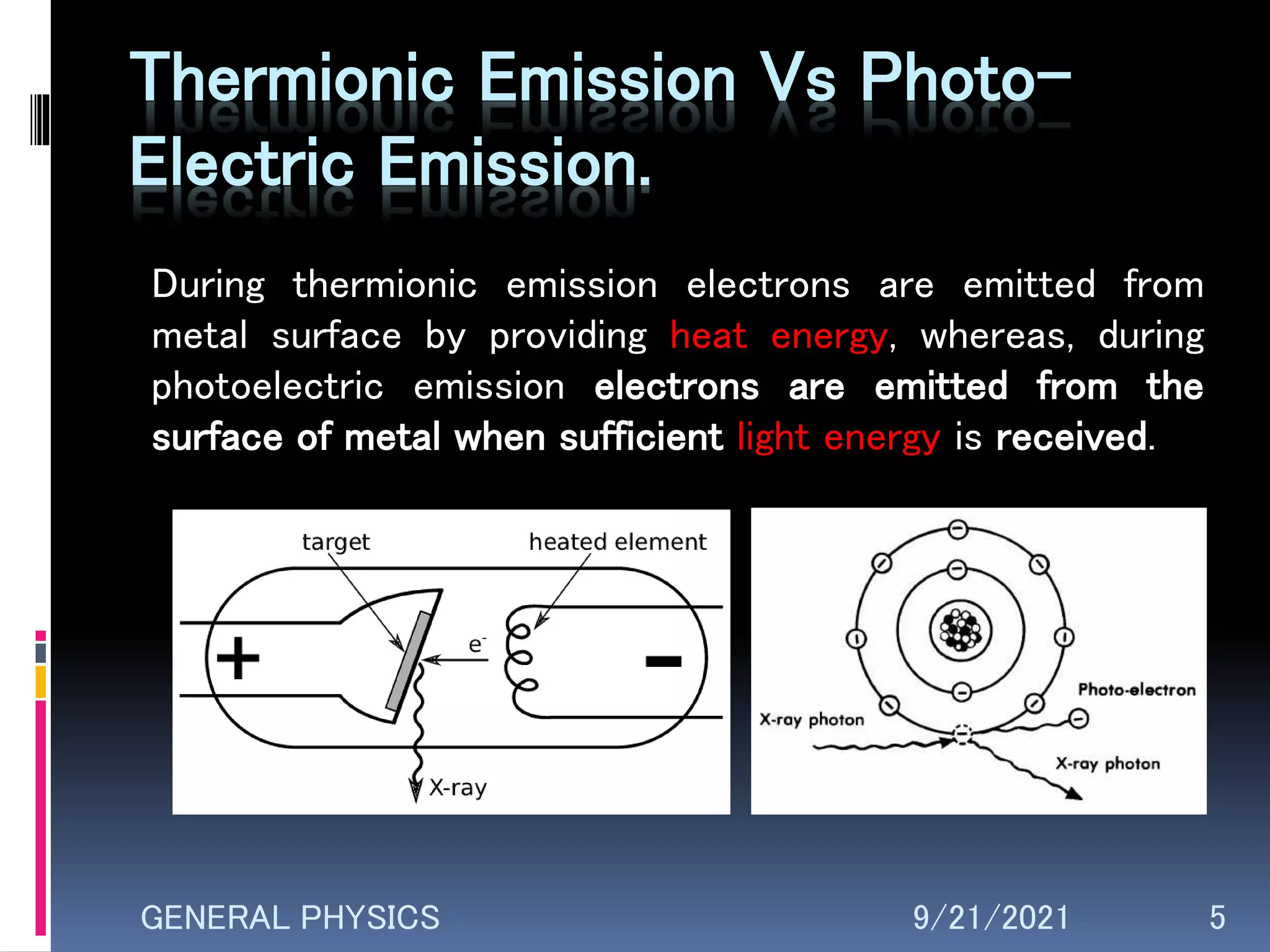 Thermionic Emission Vs Photo-
Electric Emission.
During thermionic emission electrons are emitted from
metal surface by providing heat energy, whereas, during
photoelectric emission electrons are emitted from the
surface of metal when sufficient light energy is received.
9/21/2021 5
GENERAL PHYSICS