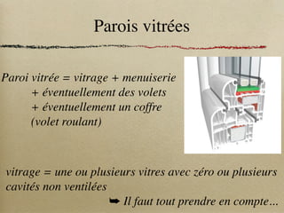 Parois vitrées
Paroi vitrée = vitrage + menuiserie
+ éventuellement des volets
+ éventuellement un coffre
(volet roulant)
vitrage = une ou plusieurs vitres avec zéro ou plusieurs
cavités non ventilées
➥ Il faut tout prendre en compte...
 