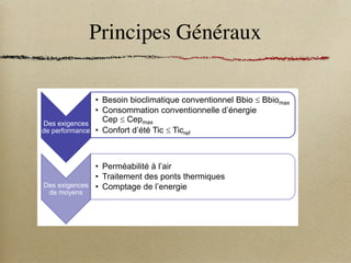 Principes Généraux
■ RT2012 ■ Synthèse des orientations
Les exigences de la RT 2012
Des exigences
de performance
• Besoin bioclimatique conventionnel Bbio d Bbiomax
• Consommation conventionnelle d’énergie
Cep d Cepmax
• Confort d’été Tic d Ticref
Des exigences
de moyens
• Perméabilité à l’air
• Traitement des ponts thermiques
• Comptage de l’energie
 
