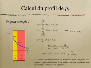 Calcul du profil de pv
Un petit exemple ?
e1
π1
e2
π2
pv
A
T
x
pv,I
pv,C
pv,E
g =
1/R1
z}|{
⇡1
e1
·(pv,I pv,C)
g =
⇡2
e2
|{z}
1/R2
·(pv,C pv,E)
g =
1
R
· (pv,I pv,E)
R = R1 + R2
⇒
pv,I pv,C
pv,I pv,E
=
R1
R1 + R2
pv,C = pv,I (pv,I pv,E) ·
R1
R1 + R2
Les vitesses de transfert dans les matériaux étant trés faible, ce
sont eux qui sont limitants. Il n’est donc pas utile de prévoir une
quelconque résistance de air/paroi.
 