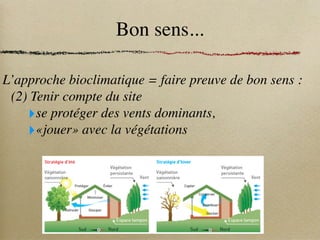 Bon sens...
L’approche bioclimatique = faire preuve de bon sens :
(2) Tenir compte du site
‣se protéger des vents dominants,
‣«jouer» avec la végétations
 