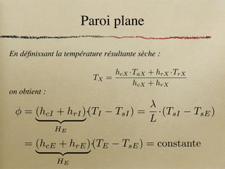 Paroi plane
En définissant la température résultante sèche :
on obtient :
= (hcI + hrI)
| {z }
HE
·(TI TsI) =
L
·(TsI TsE)
= (hcE + hrE)
| {z }
HE
·(TE TsE) = constante
TX =
hcX ·TaX + hrX ·TrX
hcX + hrX
 