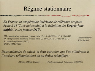 Régime stationnaire
En France, la température intérieure de référence est prise
égale à 18°C, ce qui conduit à la définition des Degrés-jour
unifiés i.e. les fameux DJU.
Deux méthodes de calcul et deux cas selon que l’on s’intéresse à
l’excédent (climatisation) ou au déficit (chauffage)
«Météo» (Météo France) «Professionnels de l’énergie» (COSTIC)
TM : température minimale relevée entre (J-1) à 18hUTC et (J) à 18h UTC
TX : température maximale relevée entre (J) à 6hUTC et (J+1) à 6h UTC
S : seuil de référence (18°C)
MOY = (TM+TX)/2
(toutes mesures
à 2m du sol)
 