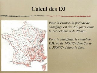 Calcul des DJ
Pour la France, la période de
chauffage est des 232 jours entre
le 1er octobre et de 20 mai.
Pour le chauffage, le cumul de
DJU va de 1400°C×J en Corse
et 3800°C×J dans le Jura.
 