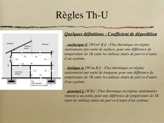 Règles Th-U
Quelques définitions : Coefficient de déperdition
...surfacique U [W/(m2.K)] : Flux thermique en régime
stationnaire par unité de surface, pour une différence de
température de 1K entre les milieux situés de part et d’autre
d’un système.
...linéique ψ [W/(m.K)] : Flux thermique en régime
stationnaire par unité de longueur, pour une différence de
température de 1K entre les milieux situés de part et d’autre
d’un système.
...ponctuel χ [W/K] : Flux thermique en régime stationnaire
ramené à un point, pour une différence de température de 1K
entre les milieux situés de part et d’autre d’un système.
OB-V.2006
sion thermique de la paroi déper-
né selon les fascicules « Parois
», il s’exprime en W/(m2
.K) et se
en contact avec le sol ou donnant
sur un sous-sol non chauffé,
opaques,
portes et les portes-fenêtres non
s,
ortes et les portes-fenêtres équi-
dont l’une au moins donne sur l’extérieur ou est en contact avec le
sol, sont considérés comme donnant sur l’extérieur.
Les coffres de volets roulants, intégrés dans la baie, doivent être
calculés comme faisant partie de la paroi vitrée, les autres doivent
être calculés comme des parois opaques. La méthode générale
de calcul des coffres de volet roulant est donnée dans le fascicule
« Parois vitrées »
Les sommes sur i, j et k, figurant dans l’équation (1), doivent être
effectuées sur tous les composants déperditifs du bâtiment (voir
« Conventions » au paragraphe 2.2).
Comble
perdu
Local non
chauffé
Extérieur
Sol,
Vide sanitaire
Sous-sol non chauffé
Up
Ujn Uw
Ue
Up
Up
Up
Up
Extérieur
ψ
ψ
ψ
ψ
ψ
ψ
ts de transmissions thermiques U, ψ des composants limitant le volume chauffé d’un bâtiment.
11/01/2007 09:22:33
11/01/2007 09:22:33
 