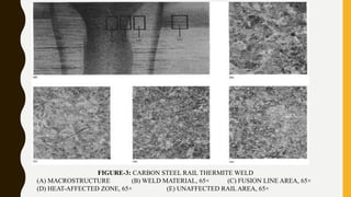 FIGURE-3: CARBON STEEL RAIL THERMITE WELD
(A) MACROSTRUCTURE (B) WELD MATERIAL, 65× (C) FUSION LINE AREA, 65×
(D) HEAT-AFFECTED ZONE, 65× (E) UNAFFECTED RAIL AREA, 65×
 